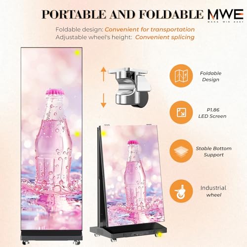 Image of MWE 80 inch P1.86 Spliceable LED Poster Screen with Flight Case, Foldable LED Digital Signage Display Kiosk with Publishing System, Portable Digital Poster for Events and Rentals (2 Panels), Black