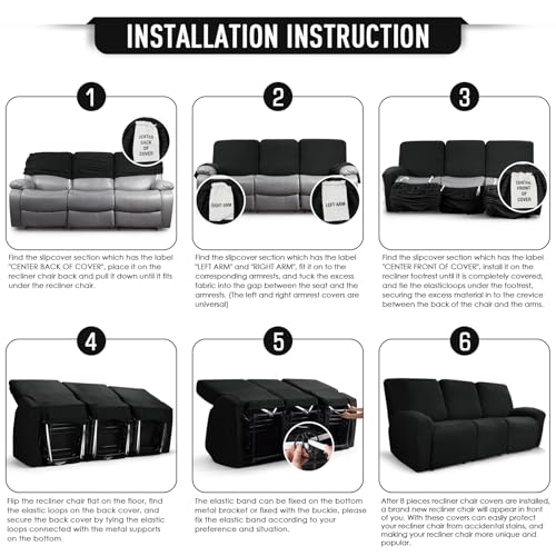 Image of TAOCOCO Recliner Sofa Covers 8-Pieces Stretch Large Couch Covers for 3 Seats Reclining Slipcovers Soft Jacquard Pattern Furniture Protector (Black)