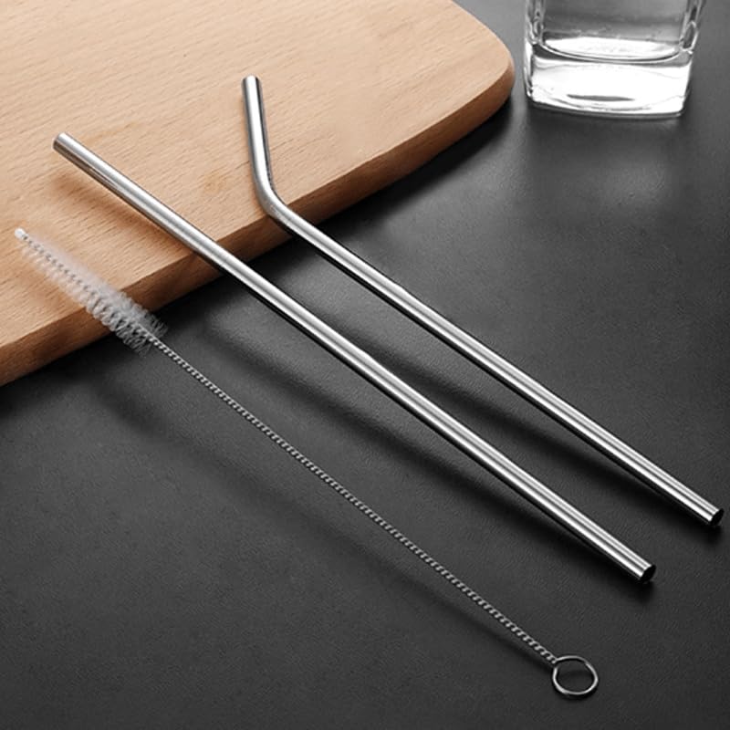 31 cm Ekstra Uzun Paslanmaz Çelik Pipet Seti, 3 Parça (Eğri + Düz + Fırça)