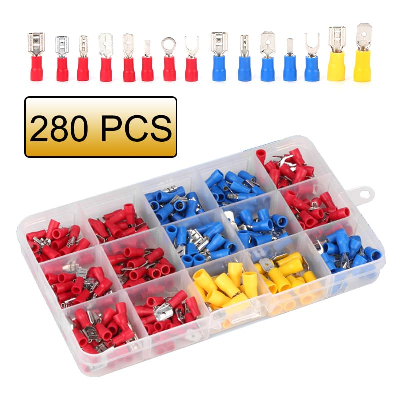 280pcs Assorted Spade Terminals Insulated Cable Connector Electrical Wire Crimp Butt Ring Fork Set Ring Lugs Rolled Kit VUQLDHAYZ