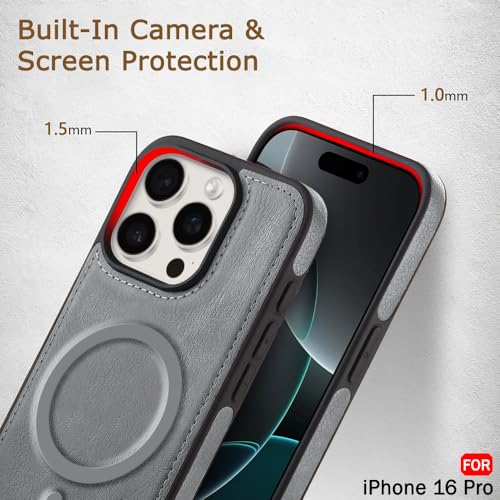 Image of TheGiftKart Genuine Leather Finish Back Cover Case for iPhone 16 Pro | Shockproof Design | Raised Edges for Camera & Screen Protection | Stunning Minimalist Design Cover (MagSafe Compatible, Grey)