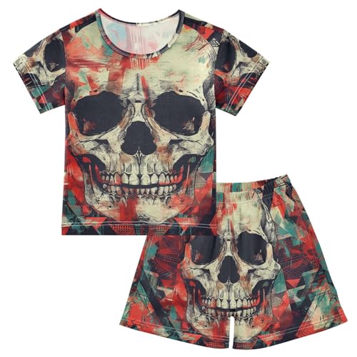 ALAZA Skull on Boho Geometric Background Pajama Set Short Sleeve Sleepwear Soft Lounge Nightwear