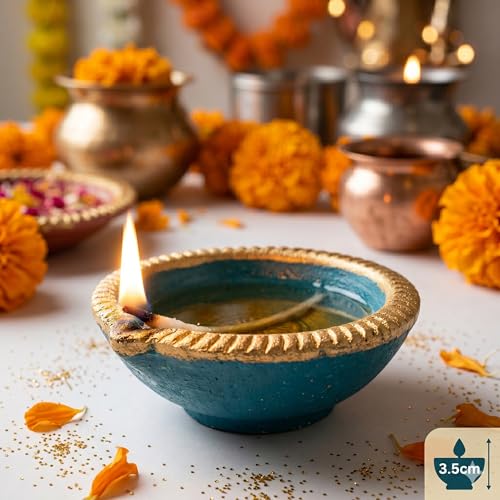 Image of Pure Source India Traditional Handmade Earthen Clay Big Size Diya for Laxmi Poojan, 4 Pieces | Elegant Blue Color (4 Pieces) - Premium Terracotta Akhand Jyot for Diwali, Puja & Festive Decor (Blue)