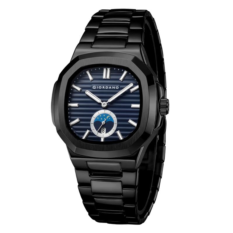 Image of Giordano Analog Watch for Men - Classic Moon Phase Design with Textured Dial, Durable Stainless Steel Strap, and Date Display