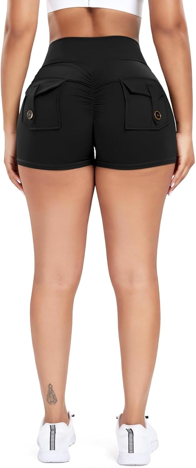 Women's High Waisted Yoga Booty Shorts with Pockets, Grey, High Rise - Image 5