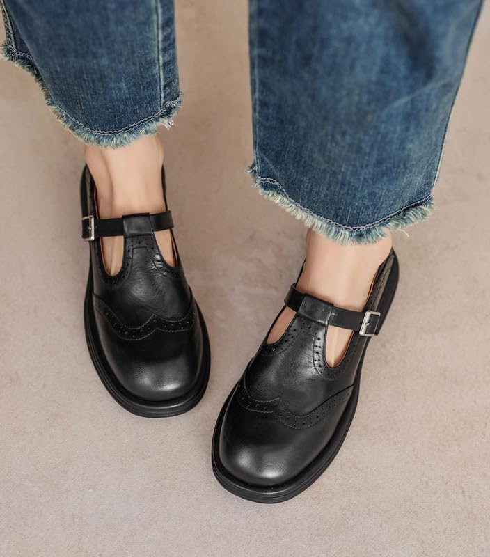 U-lite Mary Jane Oxfords for Women,Wingtip Brogue,T-Strap Soft Leather Retro Loafer Shoes, Low Heels Round Toe Dressy Business Office Shoes with Buckle - Image 8