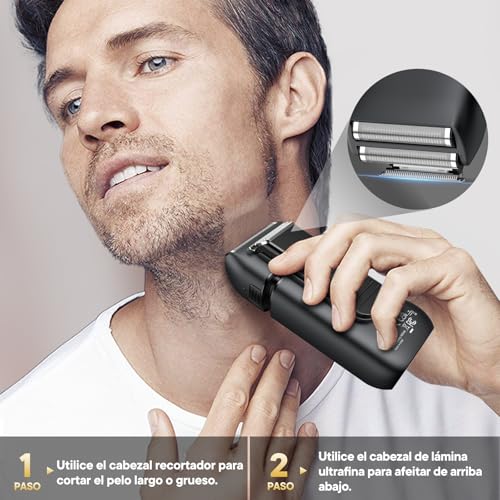 Brightup Afeitadora Eléctrica Hombre, Máquina de Afeitar con Recortador Emergente, Recargable USB-C, 150 Min de Uso, Resistente al Agua y Sin Cable, Doble Hoja Flotante para Afeitado Apurado, Negro - imagen 3