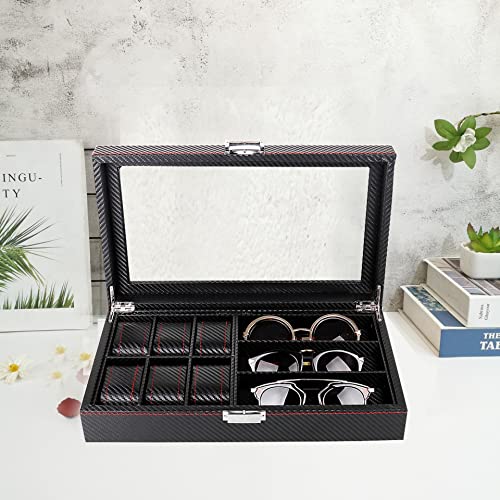 Cokritsm 6 Slot Watch Organizer Box and 3Slot Sunglass Eyeglass Collector, Carbon Fiber PU Leather Watch Jewelry Eyeglasses Display Boxes Case for Women and Men, Lockable with Watch Glasses Organizer