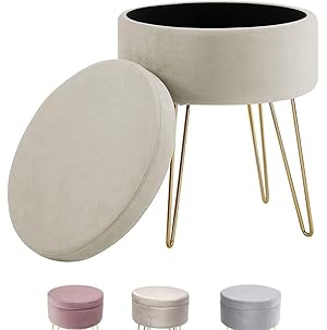 Taburete Redondo para tocador, Taburete otomano acolchado con funda desmontable y soporte de metal. (Beige)