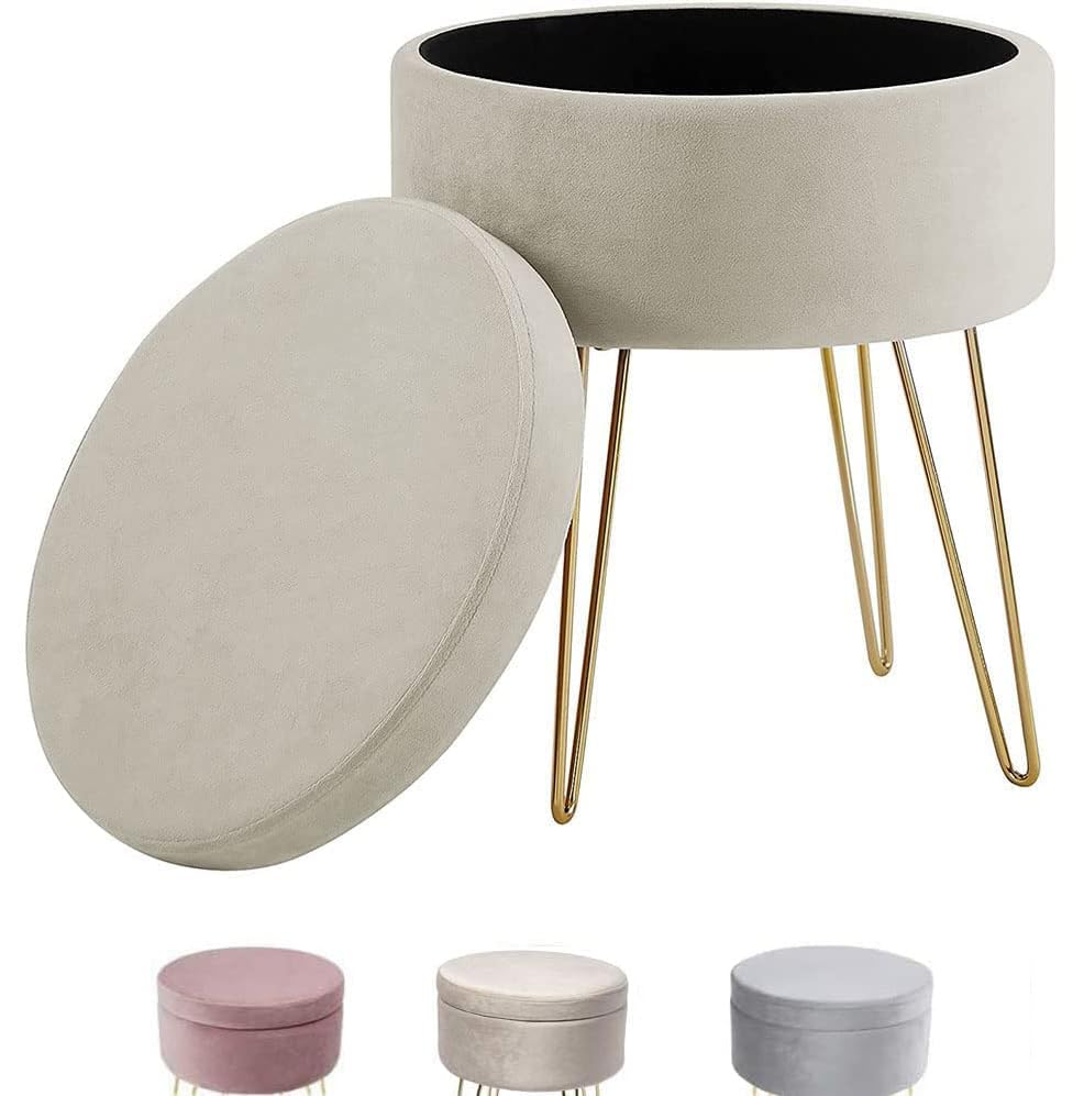 Madera Nieve Puff Redondo con Almacenaje, Asiento Acolchado de Terciopelo y Patas Metálicas Doradas para Tocador o Dormitorio