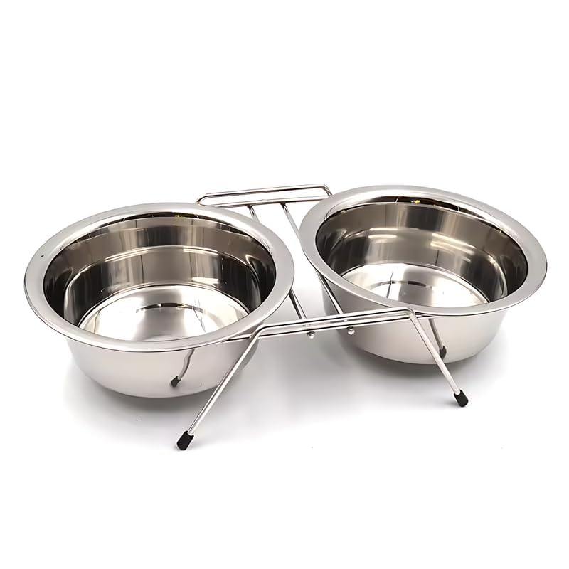 Image of Pets Empire Stainless Steel Dog Cat Double Diner Pet Bowl - 2 Pet Dishes Package Set for Drinking or Eating Dog Bowl (1 Piece) 2 X 200 ML