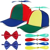 MIKIMIQI 2 Pack Adult Propeller Hat Rainbow Helicopter Top Hat Funny Crazy Clown Hat Cap with 2 Bow Tie 4 Plastic Dragonflies (Blue Green)