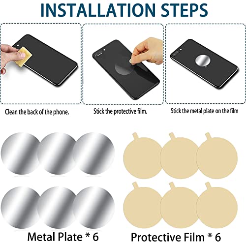 Czkonore Metallplatte Metallplättchen Selbstklebend, 6 Stück Handy Metall Platte Selbstklebende Set, Mit 3M Kleber für Magnete Kfz Zubehör Handy Handyhalterung Auto, Silber