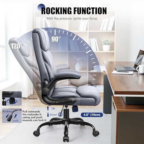 Image of Primy Office Chair, Ergonomic Leather Desk Chair with Flip-up Armrests, Big and Tall High Back Executive Computer & Gaming Chair with Footrest, Comfy Padded, Rocking Function and Lumbar Support(Gray)