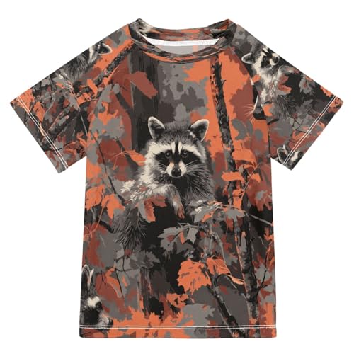 Boys Short Sleeve T-Shirts Raccoon Maple Leaf Rashguard Kids Swim Shirts Sun UPF 50+