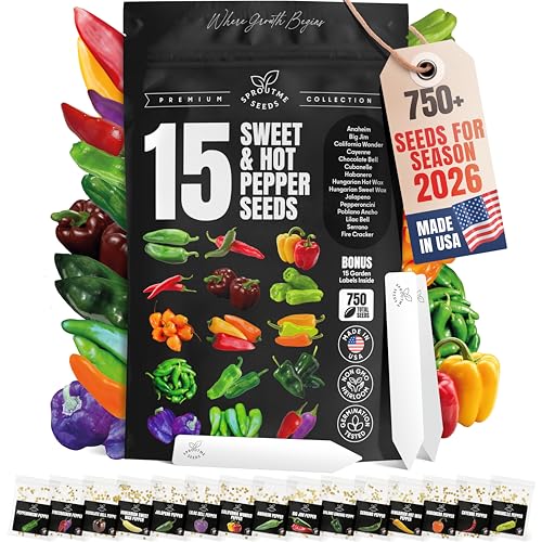 Sweet & Hot Pepper Seeds Variety Pack 15 Varieties Mixed Heat Garden Collection Jalapeno Habanero Cayenne Serrano & Bell Types 750+ Non-GMO Heirloom Seeds for Indoor & Outdoor Planting