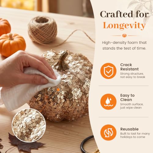 Image of DomeStar Artificial Glitter Pumpkin, Gold Pumpkin Harvest Table Centerpiece | Fall, Halloween & Thanksgiving Decorations