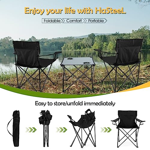 Image of HaSteeL Folding Camping Chair Set of 3, Foldable Black Camp Chairs & Grey Table, Large Lawn Chair Portable for Adults Hiking, Fishing, Picnic, Outdoor BBQ, Travel, Sports, Cup Holders & Storage Bags