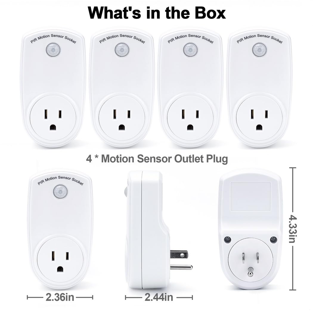 4 Pcs Electrical Outlet Plug Switch for Rooms Corridors Garages Pir Motion Sensor Light Plug in Outlet Indoor — view 6