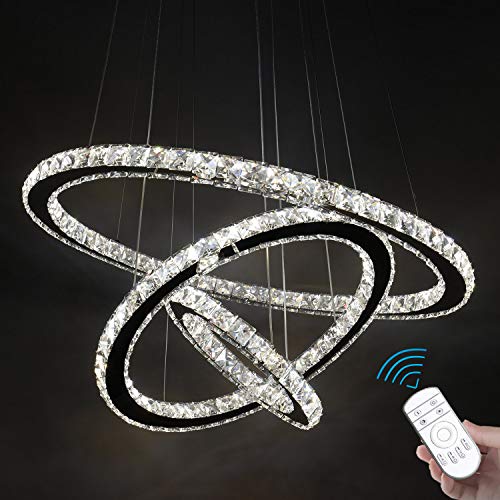 Hot Deals SEFINN FOUR LED Ceiling Fixtures Flush Mount Pendant Lights Crystal Chandeliers Dimmable with Remote Control Temperature Adjustable LED Contemporary Lamp with 3 Rings Modern Flush Mount Ceiling Light