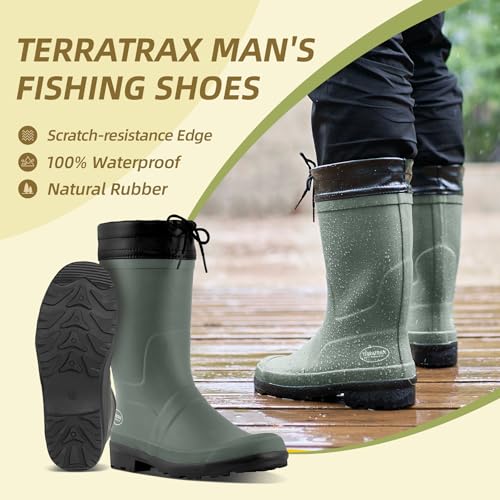 Image of Men's Natural Rubber Rain Boots - Mid Calf Waterproof Mud Boots for Gardening, Fishing & Farming, Lightweight Anti-Slip Deck Shoes, Hands-Free Removal