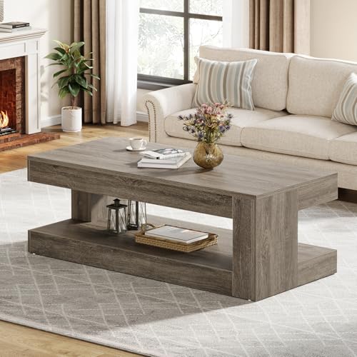 Image of Tribesigns Coffee Table for Living Room, 47.24 Inch Farmhouse 2-Tier Accent Center Tea Cocktail Table with Storage, Elegant Grey, Rectangular