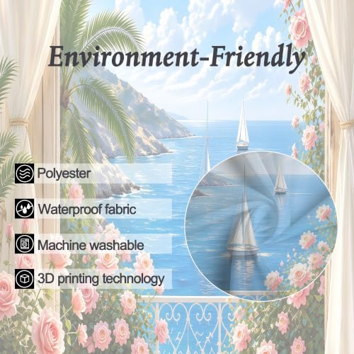 Image of Small Stall Beach Ocean Shower Curtain Blue Coastal Floral Bathroom Decor