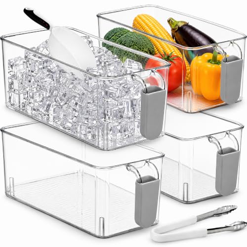 Pumtus 4 Pack Clear Ice Bins for Freezer Plastic Ice Bucket with Flexible Scoop & Ice Tong Pull Out Handle Ice Container Kitchen Food Storage Organizer Pantry Canister for Wine Beverage Fruit