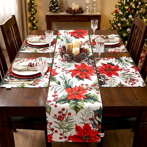 Image of Dining Table Mats Set of 4 with 135 cm Runner - Red Flower Chritmas Magic Theme,Digital Print, Washable, Indoor /Outdoor, Heat-Proof, Wipe & Clean (47X33 cm) Red & Green