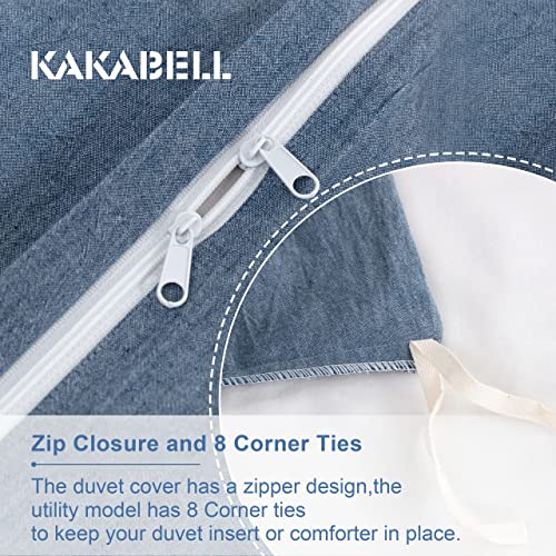 Kakabell 100% Washed Cotton Linen Duvet Covers Set,Luxury Soft And Breathable Portable Openings 3 Piece Bedding Set,1200 Thread Count,With 8 Corner Ties 90X106 Inches(Denim Blue, King) #TOP3