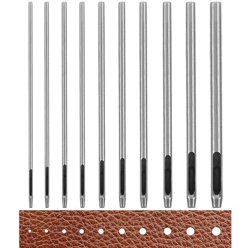 穴あけポンチ 10サイズ 0.5mm/0.8mm/1mm/1.2mm/1.5mm/2mm/2.5mm/3mm/3.5mm/4mm ハトメ抜き 丸形 円型 スチール製 打ち具 革 穴あけ道具 中空 ベルトポンチ 工具穴あけポンチ セット ベルト 財布 腕時計 ポンチ穴あけ 革細工 (10サイズ)