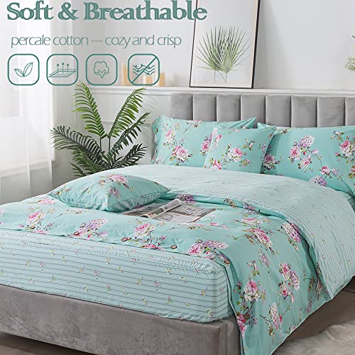 Fadfay Duvet Cover Set King/Cal King 4 Pcs Percal Cotton Purple Hydrangea Peony Floral Comforter Cover Button Closure Reversible Luxury Soft Blue Teal French Country Striped Deep Pocket Fitted Sheet #TOP1