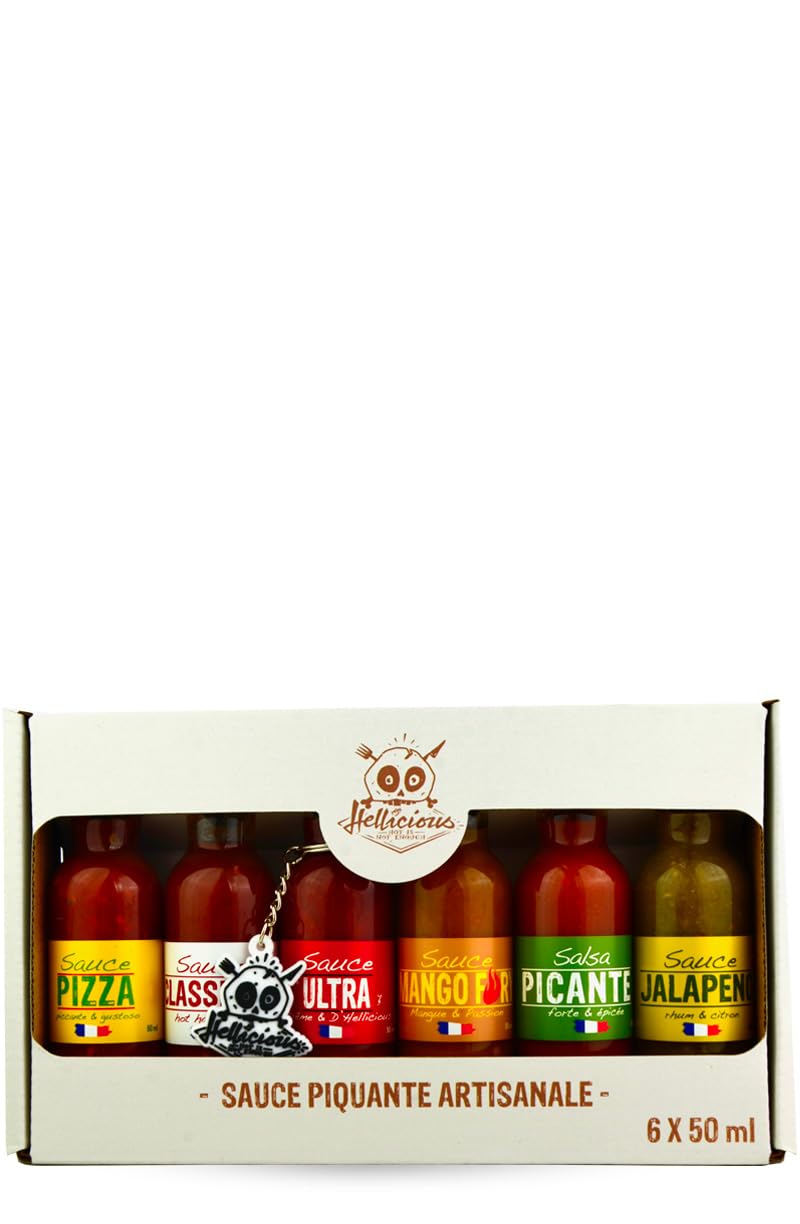 Coffret 6 sauces piquantes artisanales Hellicious – de 8 000 à 1 500 000 sur l’échelle de Scoville – sauce douce et extrême - sauce mangue