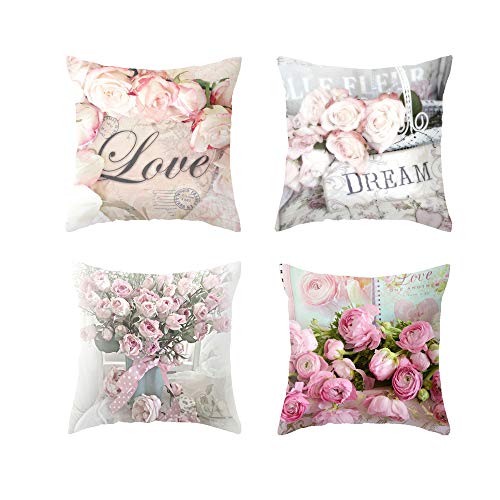 MIGUOR 4 x Kissenbezüge für Zuhause, idyllische Pflanzen- und Blumen-Thema, quadratischer Überwurf, dekorativer Kissenbezug (45 x 45 cm), Blume-5-8, 45 x 45 cm Cover