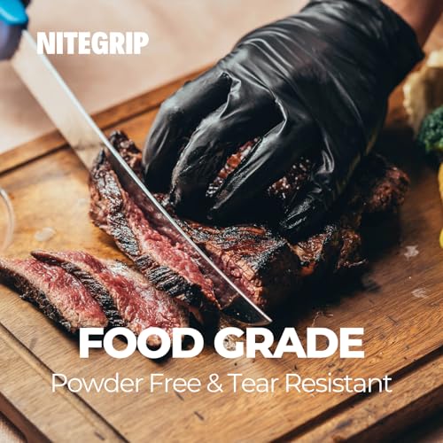 Nite Grip Disposable BBQ Gloves Kit – 100 Black Nitrile Gloves (5 Mil, Latex-Free) + 4 Washable Cotton Glove Liners, Non-Slip for Grilling, Smoking, Meat Handling, Food Prep (Large)