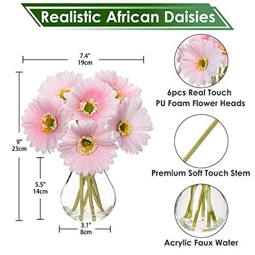 Briful Gerbera Daisy Artificial Flowers With Vase, Fake Daisy Flowers In Glass Vase With Faux Water, Real Touch Silk Faux Flowers With Stem For Home Bookshelf Tabletop Bathroom Decorations,Pink #TOP1