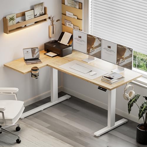 Image of Muvai 59 Inch L Shaped Standing Desk Adjustable Height with Cable Management Tray,Gaming Electric Corner Standing Desk, Sit Stand Computer Table with Reversiable Splice Board,Light Rustic Brown