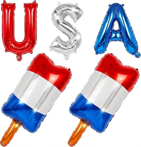4th of July Balloons Patriotic USA Letter Balloons with 2 Jumbo 35 Rocket Pop Foil Balloons Red Silver Blue Independence Day Party Decorations America 250th Supplies