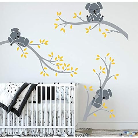 LUCKKYY Three Koalas Tree Branches Wall Decal Wall Sticker Baby Nursery Decor Kids Room Decoration (Grey+Yellow) Cover