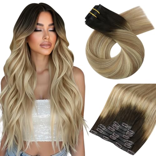 Image of Moresoo Clip in Hair Extensions, Balayage Blonde, PU Weft, for Fine Hair | Clip in human hair extensions, dark mocha brown to light brown and light gold blonde, 18inch 120g 7pcs, for social and office