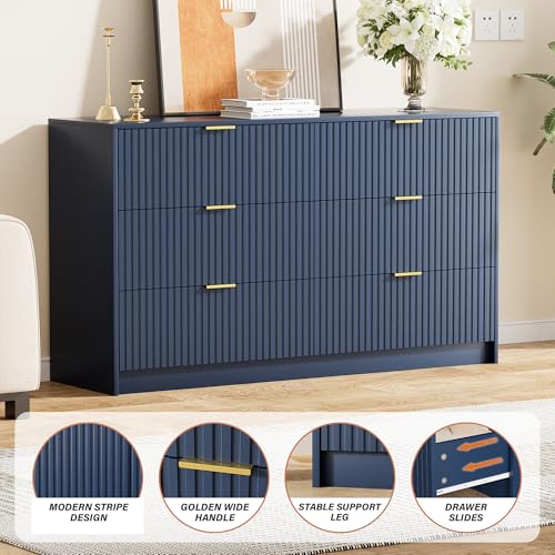 Image of Furniway Navy Blue Dresser for Bedroom, Modern Dresser with 6 Drawers and Smooth Slides, Wide Chest of Drawers with Golden Handles for Bedroom, Living Room, Closet, 15.7 inch D x 55.1 inch W x 31.4 inch H