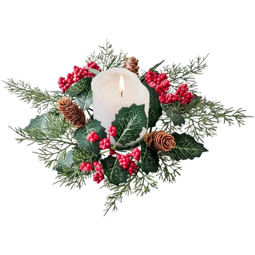 Corone di Natale per porta d'ingresso | Corona di Natale con anello a candela,Decorazione artificiale di pino bacche rosse centro tavolo per soggiorno, camino, camera da letto, sala da pranzo, cucina