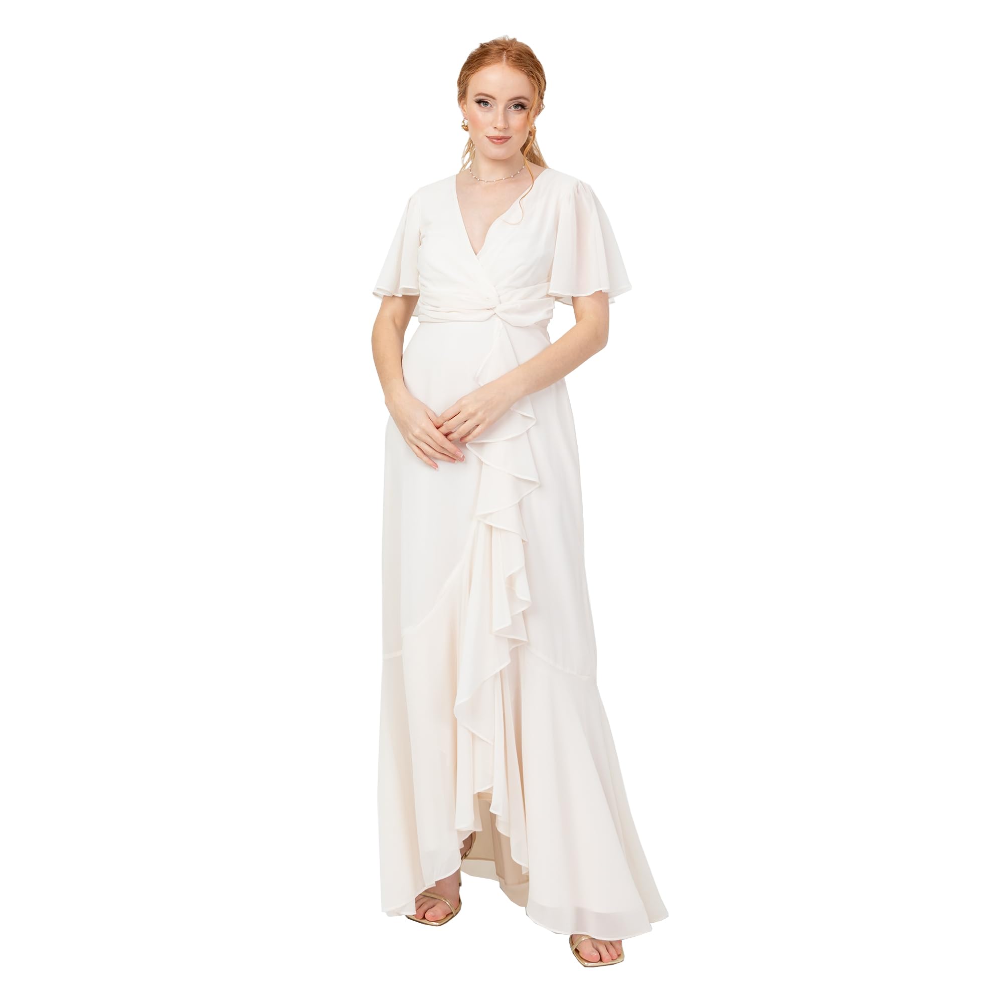 Women's Maxi Dress Ladies Wrap V-Neck Flutter Sleeve Ruffle A-line Bridesmaid Wedding Guest Occasion Prom Ball Gown