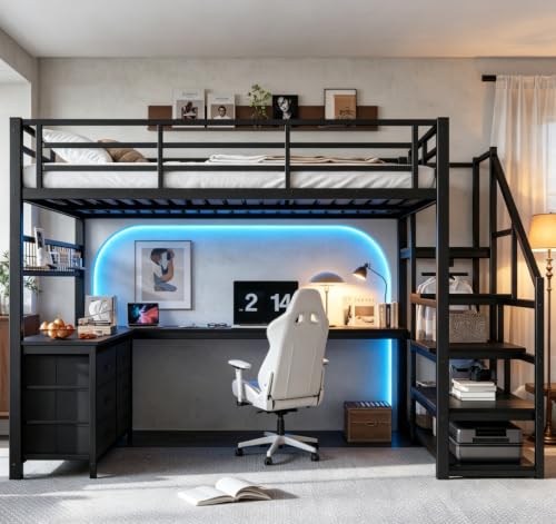 Image of Bellemave Queen loft Bed with Storage Stairs, Wardrobe, Shelves, Metal Queen Loft Bed Frame for Adults, Kids, Teens, Black