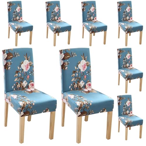Image of Styleys Chair Covers for Dining Room, Stretch Dining Chair Cover, Washable Spandex Kitchen Chair Slipcovers (Set of 8, Sky Blue Flower, SLMC-160)
