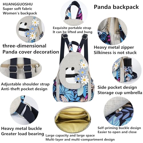 Image of Small Canvas Backpack, Retro Boho Washed Hippie for Women Daily Commute (Panda Decorations)