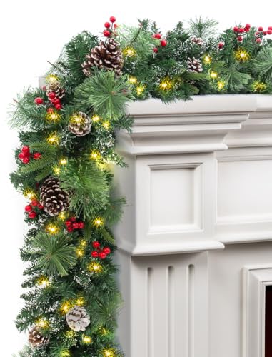 TigeJoy 9FT Prelit Christmas Garland with 100 LED Timer Lights, Snow Dusted Garland with Red Berries, Real Pinecones & PE Branches, 8 Modes 3AA Battery Operated Xmas Decor for Fireplace Doorway Porch