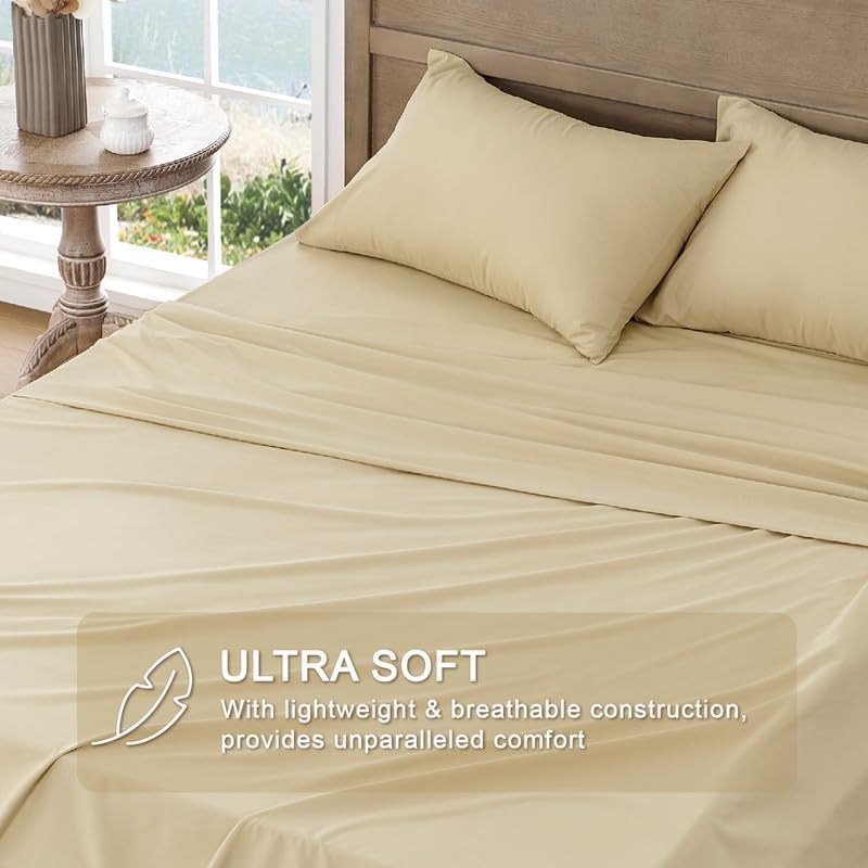Image of FreshCulture Full Sheet Set - Ultra Soft Sheets Full Size Bed - Brushed Microfiber - Deep Pockets - Easy Care - Cooling & Breathable Sheets - 4 Pieces Hotel Luxury Full Size Bed Sheets (Beige)