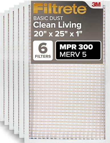 Filtrete 20x25x1 Air Filter MERV 5, 6-Pack AC Furnace HVAC Filters for Home, MPR 300 Basic Dust Defense, Pleated Electrostatic Removes Lint & Dust (Actual Size 19.69x24.69x0.81 in)