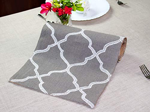 Cotton Craft Jute Table Runner - Moroccan Trellis - Harvest Autumn Fall Thanksgiving Holiday Christmas Festive Party Rustic Farmhouse Dining Kitchen Tabletop Burlap Tablerunner - 13 X 90 - Grey White #TOP2